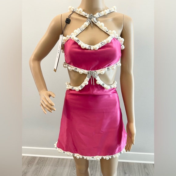 PatBO Hand-Beaded Pink Satin Minidress. Size 2 NWT - Picture 2 of 16